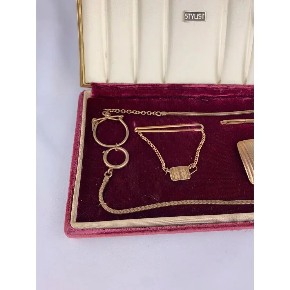 Stylist 14k Gold Plated Collar Tie Bar Watch Chain Belt Buckle Mens Set VTG O1